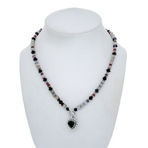 Estate Sterling Silver 925 Beaded Heart Pendant Necklace 17"